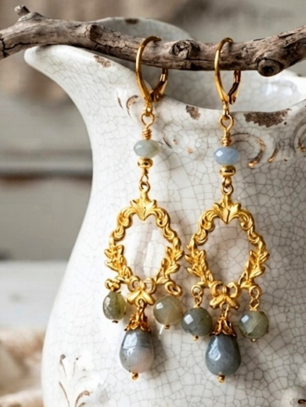 Victorian 3.4 Carats Natural Raw Aquamarine In Gold Plated Chandelier Earrings
